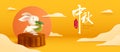 3D illustration of Mid Autumn Mooncake Festival theme with cute rabbit character on mooncake podium on paper graphic oriental clou